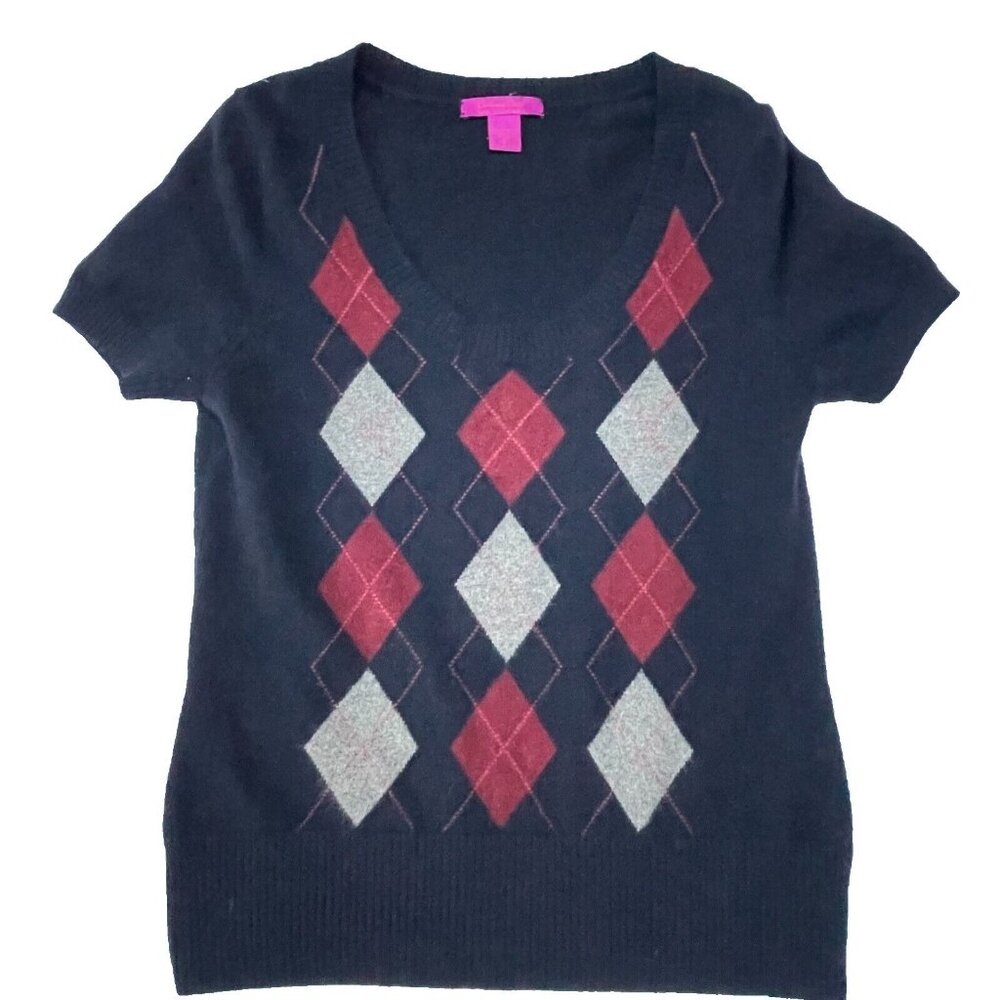 Cashmere Cache Women Black Argyle Short Sleeve Sweater Large Pullover Scoop Neck